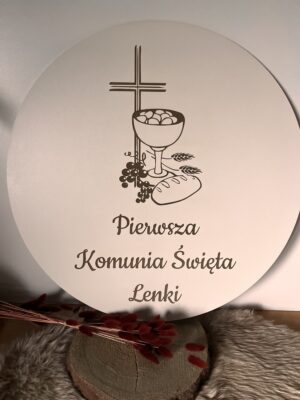 Personalizowany napis koło Pierwsza Komunia Święta IHS tablica
