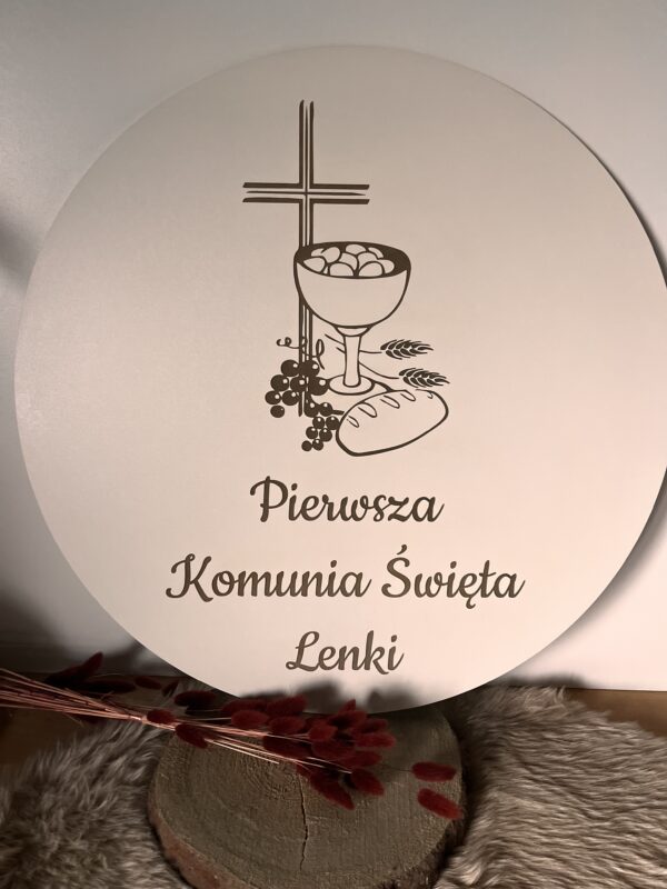 Personalizowany napis koło Pierwsza Komunia Święta IHS tablica